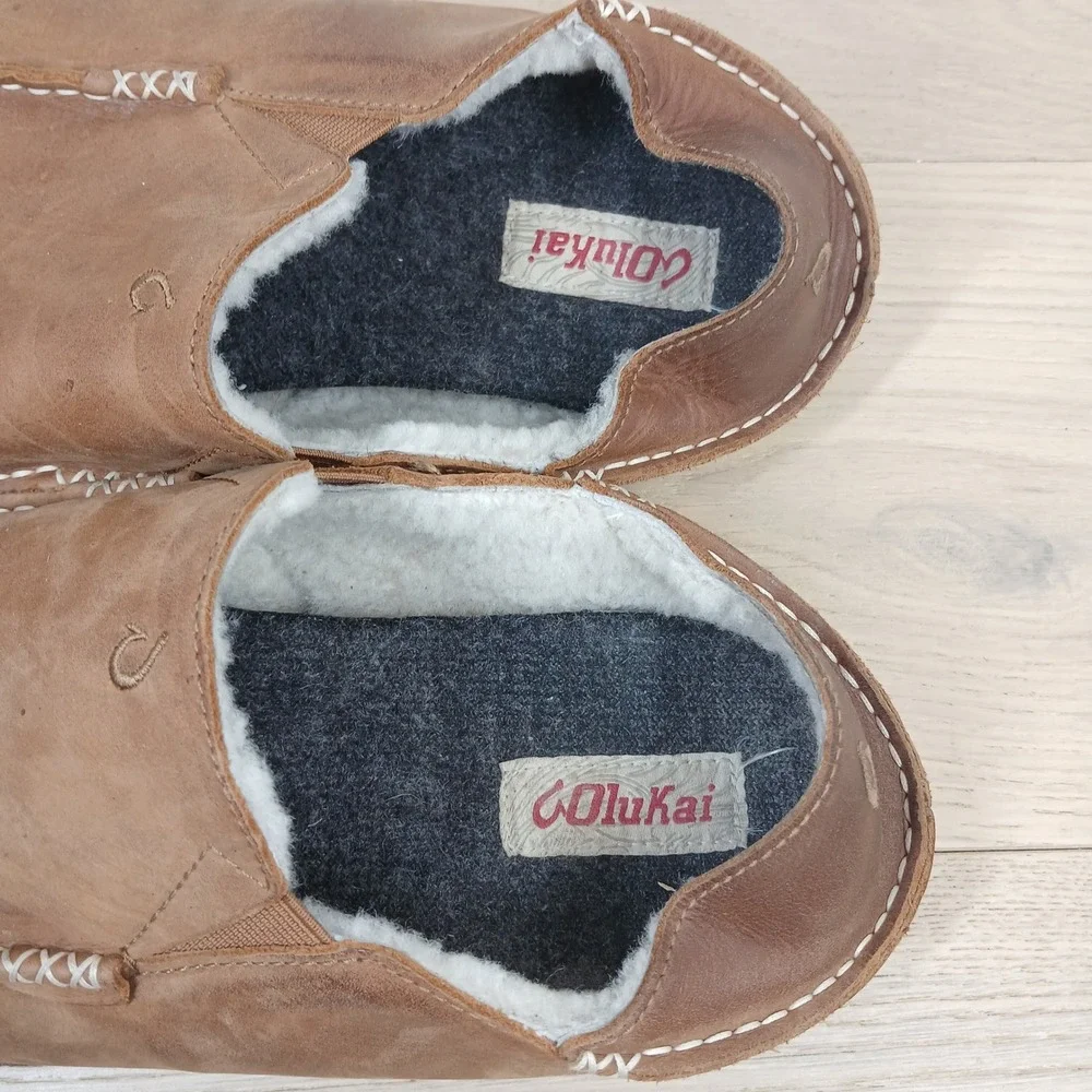 Olukai Moloa Slippers Men 12 Brown Leather Shearling Lined Moc Toe Comfort